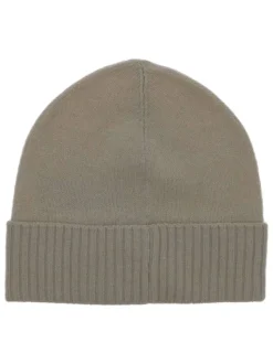 Bonnet beige uni avec revers en bord-côte et patch de la marque