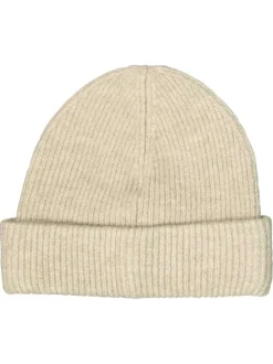 Bonnet beige uni en maille côtelée avec un large revers