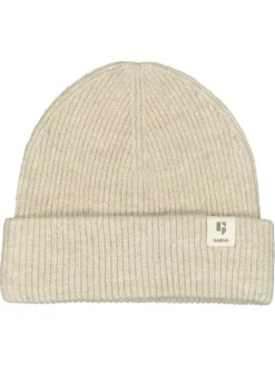 Bonnet beige uni en maille côtelée avec un large revers