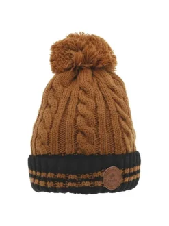 Bonnet bicolore camel et noir à revers noir liseré camel avec 3 pompons