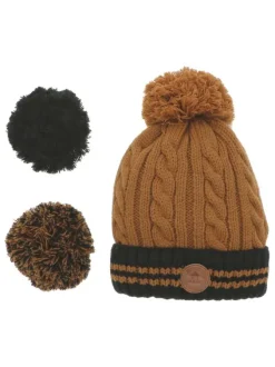 Bonnet bicolore camel et noir à revers noir liseré camel avec 3 pompons
