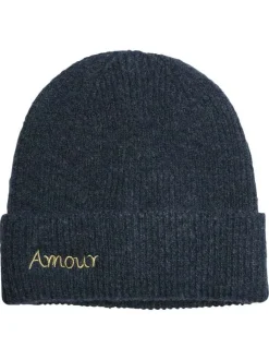 Bonnet bleu nuit avec large revers et inscription "Amour" sur le devant