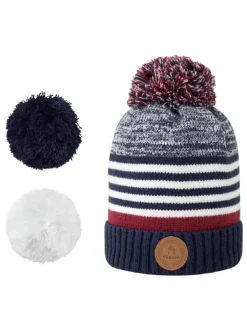 Bonnet bleu à revers à rayures et à pompons interchangeables