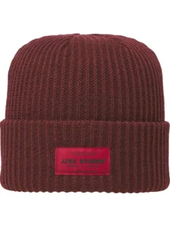 Bonnet bordeaux uni en maille avec l'étiquette de la marque à l'avant