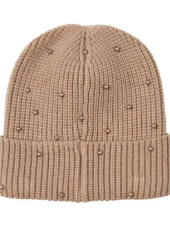 Bonnet court Merle beige fin et chaleureux à perles fantaisie allover