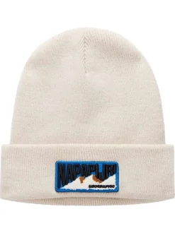 Bonnet écru en maille fine avec patch iconique brodé sur le revers