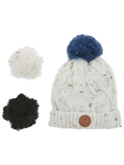 Bonnet écru moucheté noir et beige et pompons interchangeables