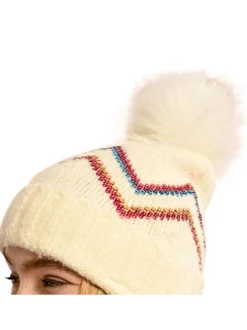 Bonnet écru à revers avec sequins multicolore et pompon blanc