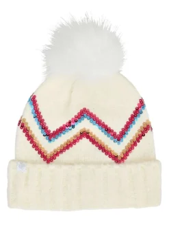 Bonnet écru à revers avec sequins multicolore et pompon blanc