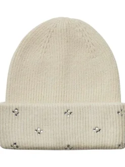 Bonnet écru uni en maille jersey avec strass argentés collés sur le revers
