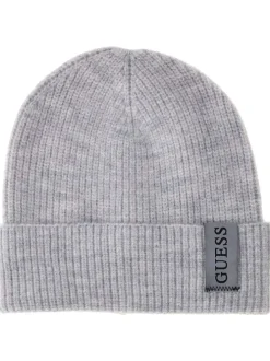 Bonnet côtelé gris chiné avec nom de la marque cousu en patch gris
