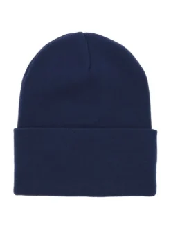 Bonnet en coton bleu uni avec un revers large et le nom de la marque
