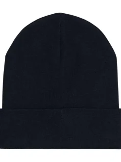 Bonnet en coton marine uni avec nom et logo de la marque sur le revers