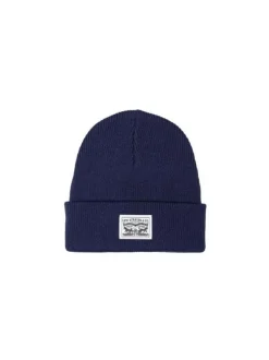 Bonnet en coton marine uni avec patch sur le revers au nom de la marque
