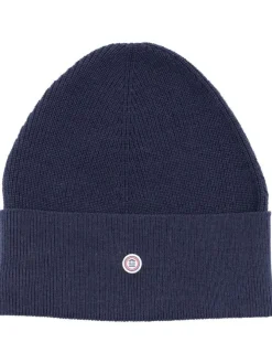 Bonnet en coton marine uni à revers avec logo de la marque au centre