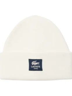 Bonnet en coton mélangé écru uni avec revers et étiquette de la marque
