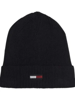 Bonnet en coton noir côtelé uni avec logo brodé sur le revers