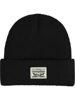 Bonnet en coton noir uni avec large revers et logo de la marque à l'avant