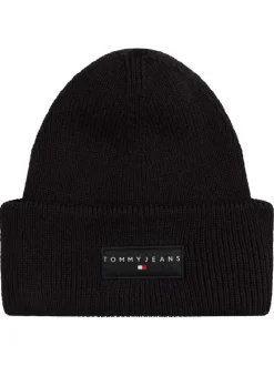 Bonnet en coton noir uni en bord-côte avec un tour de tête élastiqué