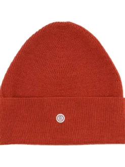 Bonnet en coton rouille uni à revers avec logo de la marque au centre