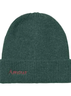 Bonnet en laine mélangée kaki uni avec broderie rouge au niveau du revers