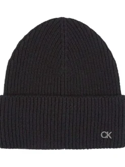 Bonnet en laine noir uni avec logo métallique à l'avant en argenté
