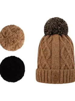 Bonnet en maille irlandaise camel chiné avec pompons interchangeables