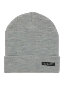 Bonnet gris clair chiné avec un revers et nom de la marque cousue à l'avant