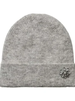 Bonnet gris clair chiné en maille jersey avec bijou cousu sur le revers