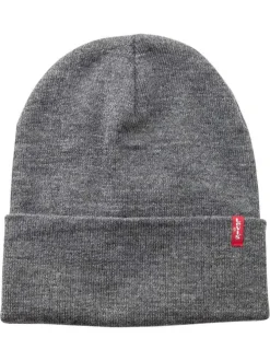 Bonnet gris uni avec large revers et logo contrasté de la marque