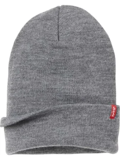 Bonnet gris uni avec large revers et logo contrasté de la marque