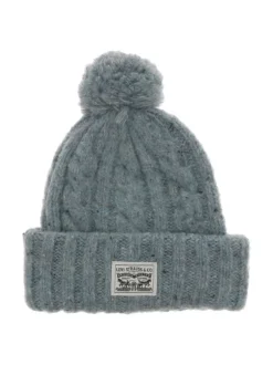 Bonnet gris uni avec pompon mouliné et patch cousu sur revers
