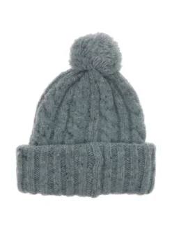 Bonnet gris uni avec pompon mouliné et patch cousu sur revers