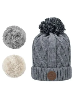 Bonnet gris uni à grosse mail à revers et à pompons interchangeables