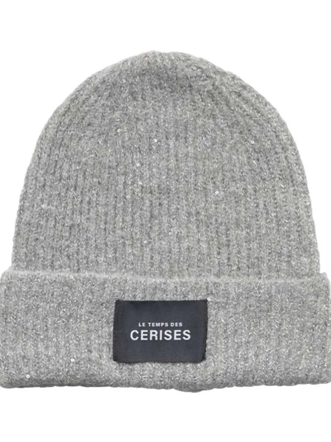 Bonnet gris uni à revers avec fils en lurex et étiquette noire de la marque