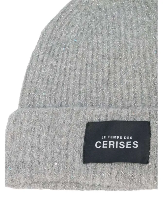 Bonnet gris uni à revers avec fils en lurex et étiquette noire de la marque