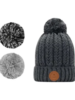 Bonnet gris uni à revers en mailles tressées avec trois pompons interchangeables