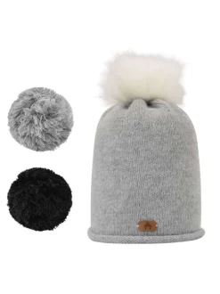 Bonnet HYDROMEL gris clair uni à pompons interchangeables et logo effet cuir