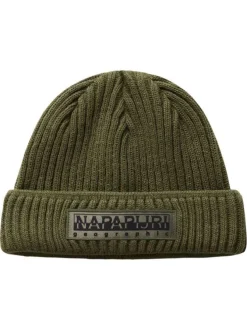 Bonnet kaki en maille tricotée avec nom de la marque brodé en noir
