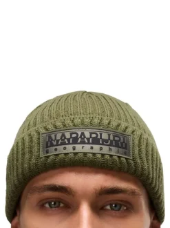 Bonnet kaki en maille tricotée avec nom de la marque brodé en noir