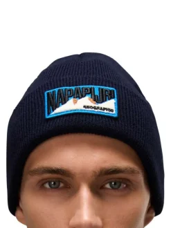 Bonnet marine en maille fine avec patch iconique brodé sur le revers