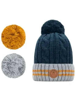Bonnet marine à revers gris et jaune et à pompons interchangeables