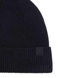 Bonnet marine uni en maille tricotée avec un logo en relief brodé