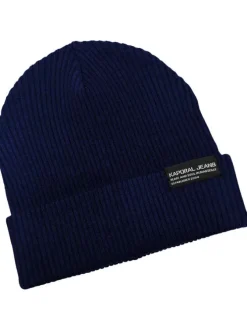 Bonnet marine uni en tissu côtelé et à revers avec une étiquette cousue