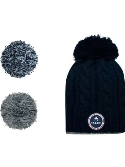 Bonnet MILKY marine en maille torsadée avec 3 pompons interchangeables