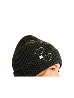 Bonnet noir avec mpotifs de coeurs en strass à revers avec étiquette