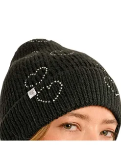 Bonnet noir avec mpotifs de coeurs en strass à revers avec étiquette