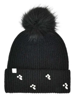 Bonnet noir avec perles blanches, à revers avec pompon noir à poils
