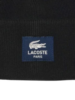 Bonnet noir en laine côtelé avec logo de la marque brodé