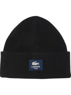 Bonnet noir en laine côtelé avec logo de la marque brodé